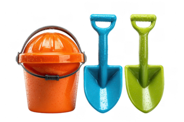 A vibrant orange bucket and two colorful shovels, one blue and one green, all covered with water droplets.