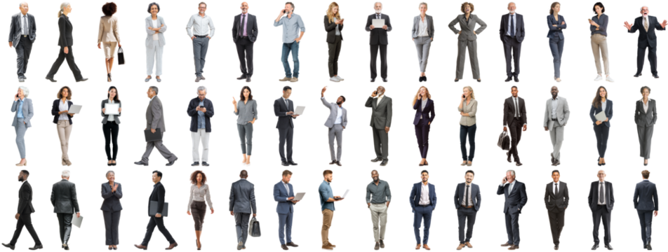 Set of business people in various actions on isolated background. Businesspeople, businesswomen, businessmen office worker in full body length studio professional shot in casual and formal wear - Powered by Adobe