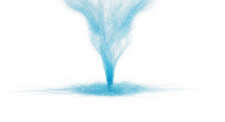 Voluminous, shimmering iridescent blue, luminous mist with glowing tendrils swirling and dissolving on a transparent, minimalist background, concept of ethereal emergence