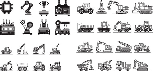 Fototapeta premium A vector illustration set of vintage farm animals and industrial transportation vehicles
