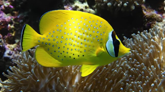 Vibrant yellow fish gracefully swims near coral, showcasing its striking patterns and colors, while exploring the underwater ecosystem in a seamless motion sequence