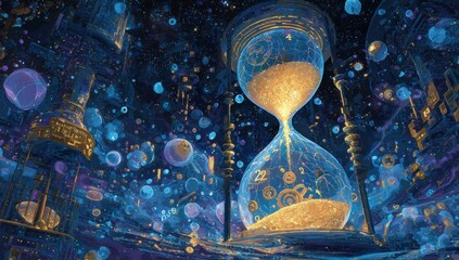 A mystical hourglass within a cosmic city