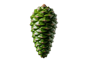 Vibrant, glossy emerald green pine cone, symmetrical, tightly closed scales, extreme macro close-up. Hard studio light on transparent. Concept of natural geometry and elegance