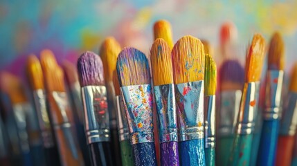 Close-Up View of Various Paintbrushes in Vibrant Color Palette
