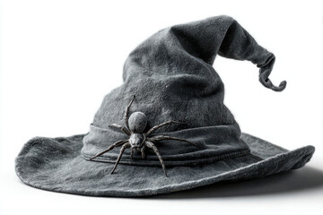 A dark gray, worn witch hat with a realistic spider decoration on the band, set against a plain white background.