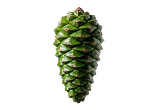 Vibrant, glossy emerald green pine cone, symmetrical, tightly closed scales, extreme macro close-up. Hard studio light on transparent. Concept of natural geometry and elegance