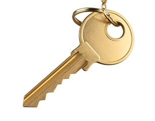 Golden key on a chain against white background