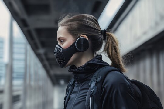Young woman wearing a stylish face mask in an urban environment during daytime
