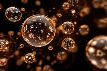 Abstract graphic of glowing spheres with interconnected icons
