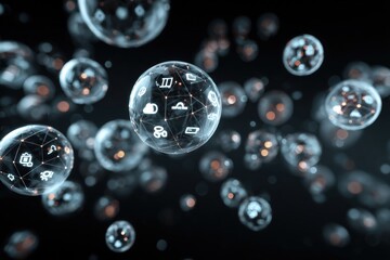 Abstract spheres with interconnected icons float in space
