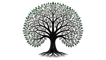 Fototapeta premium A stylized, intricate tree graphic with deep green and black tones, showcasing detailed foliage and roots.