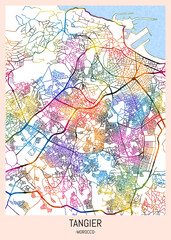 Tangier Morocco City Map. downtown tourism, house art travel, scenic metropolis concept, travel art city, patriotic abstract banner