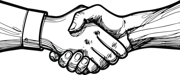 continuous line drawing of two hands shaking, black outline, white background, agreement concept