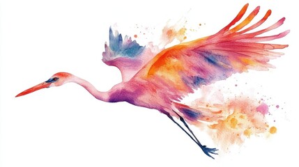 Colorful Watercolor Illustration of a Flying Crane Bird © Molly P