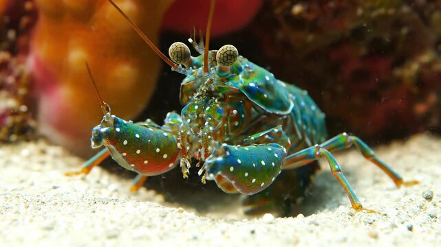 Vibrant mantis shrimp emerges from sandy ocean floor, showcasing colorful exoskeleton and dynamic movement, capturing the essence of underwater life in a seamless motion sequence