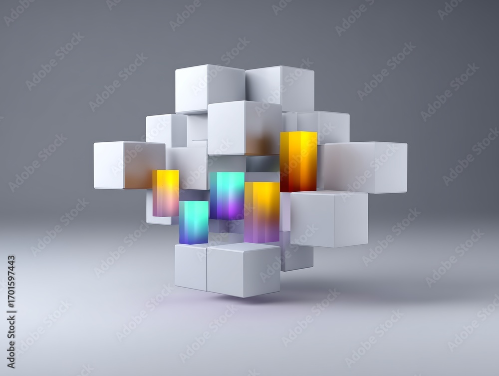 Poster 3d render of abstract geometric cubes transforming into colorful charts and graphs, symbolizing big 