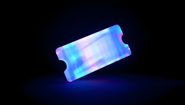 Glowing ticket with iridescent and blue light effects on black background
