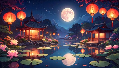 Asian Landscape with Pagodas and Full Moon