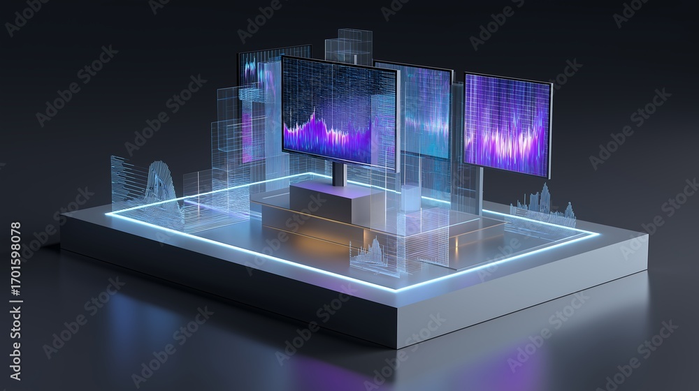 Poster futuristic data scientist workspace surrounded by 3d statistics models, transparent screens, and glo