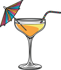 one line drawing of cocktail glass with straw and umbrella, black outline, white background, summer drink style 1