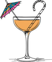 one line drawing of cocktail glass with straw and umbrella, black outline, white background, summer drink style 2