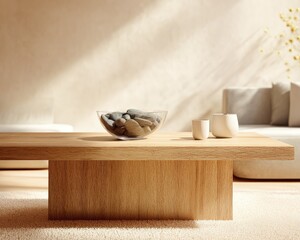 Natural Wood Coffee Table With Stone Bowl In Minimalist Living Room