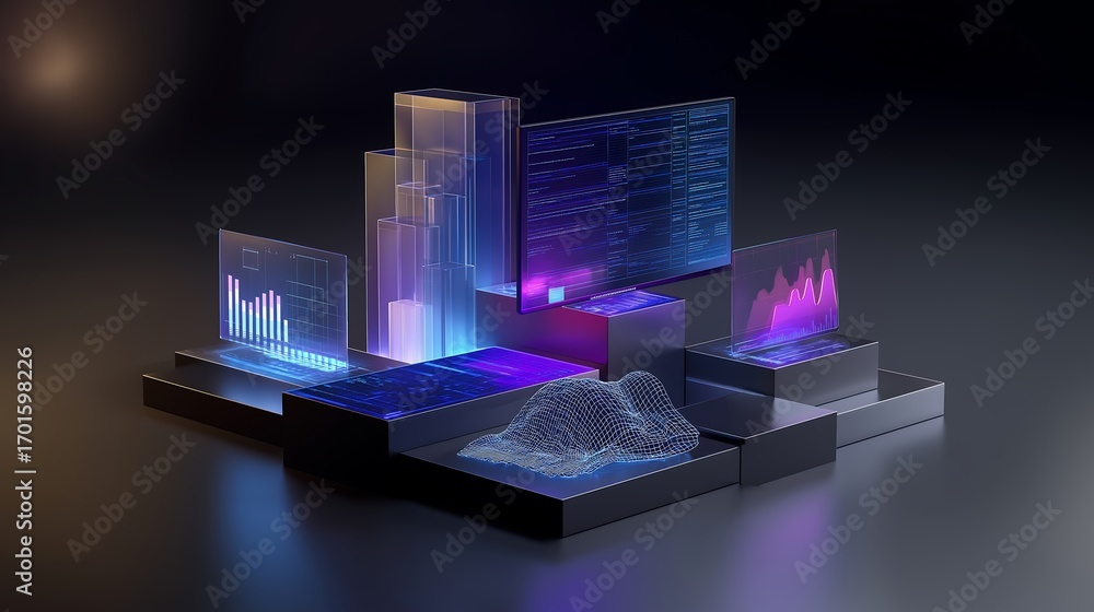 Poster futuristic data scientist workspace surrounded by 3d statistics models, transparent screens, and glo