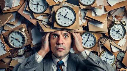 Stressed man surrounded by clocks representing time pressure and deadlines in an office setting