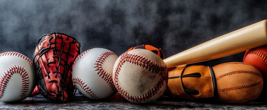 Classic Baseball Gear on Display with Gloves and Bats