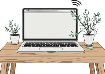 Fototapeta premium simple line art of laptop on desk with small plant beside, black outline, white background, work from home style
