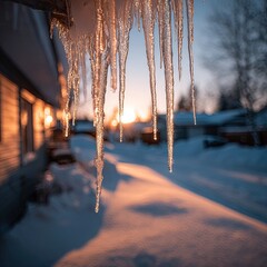 Icicles hanging from a roof at sunset over snow-covered houses