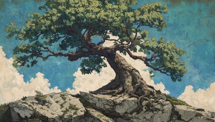 Naklejka premium Majestic tree atop rocky outcrop under a blue sky