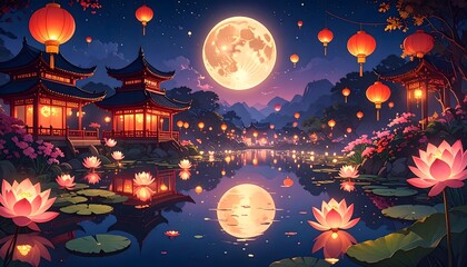 Mid-Autumn Festival Landscape with Pagodas and Lotus