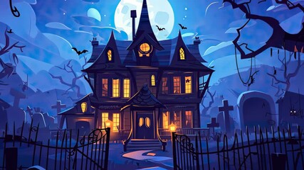 Spooky haunted house with eerie ambiance during a full moon night, illuminated by glowing pumpkins in a graveyard setting