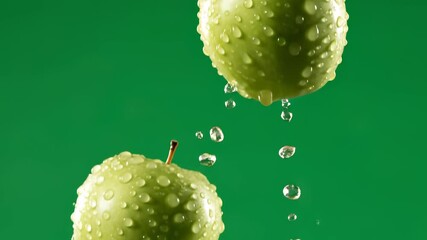 Two green apples with water droplets falling against a vibrant green background. - Powered by Adobe