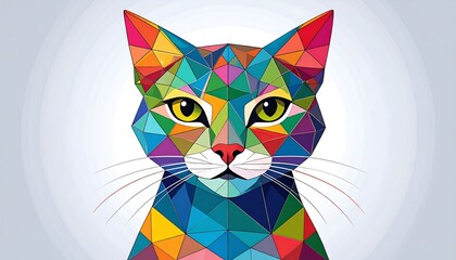 A colorful, geometric cat portrait showcasing a vibrant array of polygonal shapes and hues.