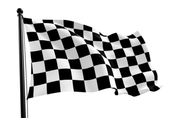 3d icon of a black and white checkered flag waving on a pole, isolated on transparent background