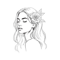 Elegant line art portrait of a woman with a flower in her hair. Hand-drawn fashion sketch, minimalist abstract beauty logo for salon or spa.

