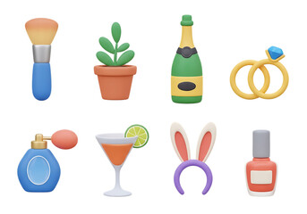 3d icon of collection of 3d rendered icons for beauty, celebration, and fashion, isolated on transparent background