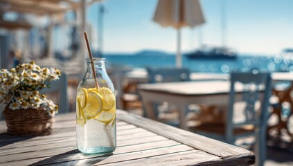Obraz premium Refreshing lemon water on a seaside patio