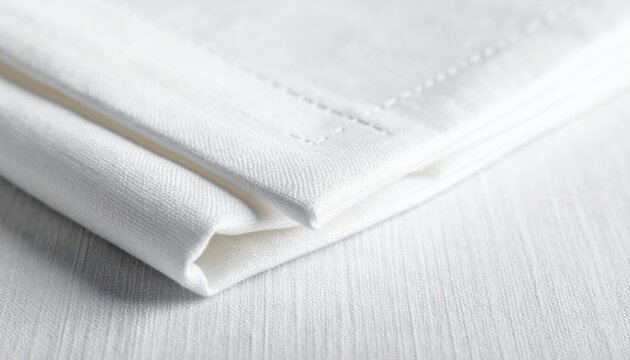 Folded linen napkin edge and stitching in soft whites with copy space on the right clean tabletop textile background for dining branding and menu layout