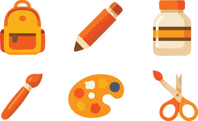 Flat Art Supplies Icons Set in Warm Tones