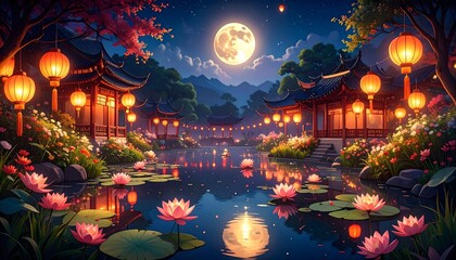 Asian Garden with Moonlit Pond
