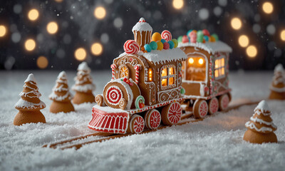 Christmas Food Illustration Rich Decorated Gingerbread Train Decoration Snow Landscape