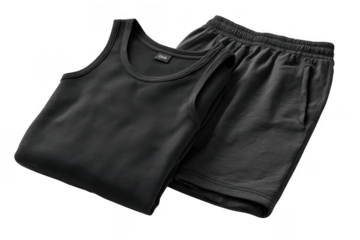 A folded black tank top paired with matching black shorts, both made of soft, comfortable fabric.