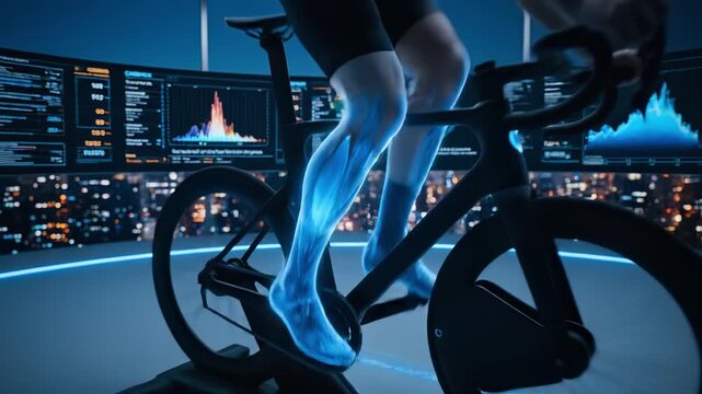 Athletic individual engaged in cycling exercise within a futuristic environment, showcasing dynamic leg movement and advanced data analytics on multiple screens - Powered by Adobe