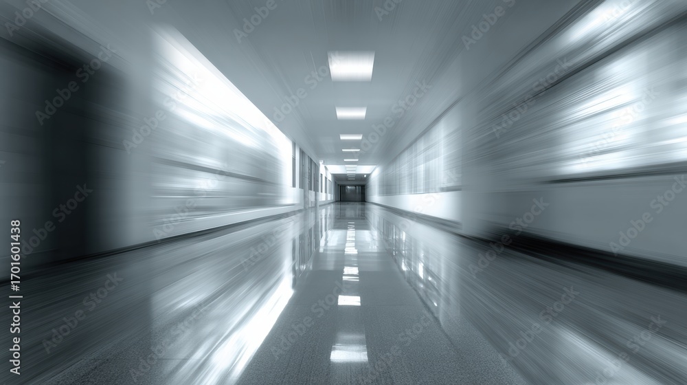 Poster a blurred view of a long hallway with polished floors and bright lighting, creating a sense of movem