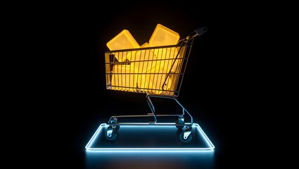 Glowing shopping cart filled with golden products on a neon blue platform