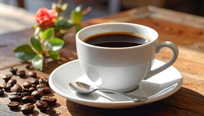 Obraz premium A close-up view of a steaming cup of black coffee, set on a wooden table, surrounded by coffee beans and a delicate rose.