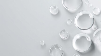 Minimalist dermatology background, pure white with soft shadows, floating transparent glass spheres, clean clinical aesthetic, large negative space for text or product placement, 16:9